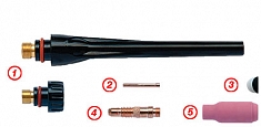 Устройство сварочной горелки Fubag FB TIG 17 / FB TIG 17 5P: 1. Хвостовик горелки 2. Цанга для электрода 3. Изолятор для газовой линзы 4. Корпус цанги 5. Керамическое сопло